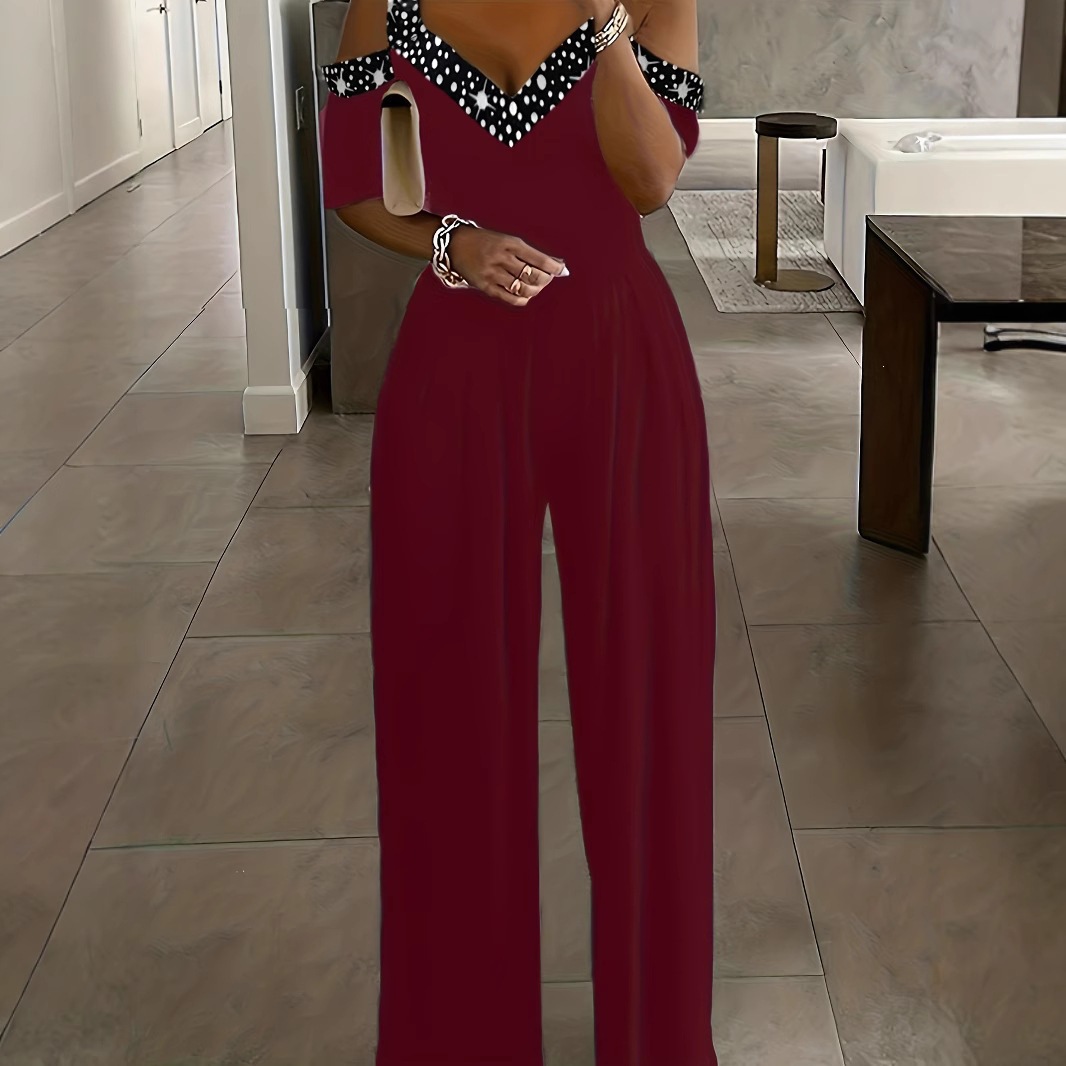 Rhinestone V-Neck Off-Shoulder Jumpsuit with Wide Leg