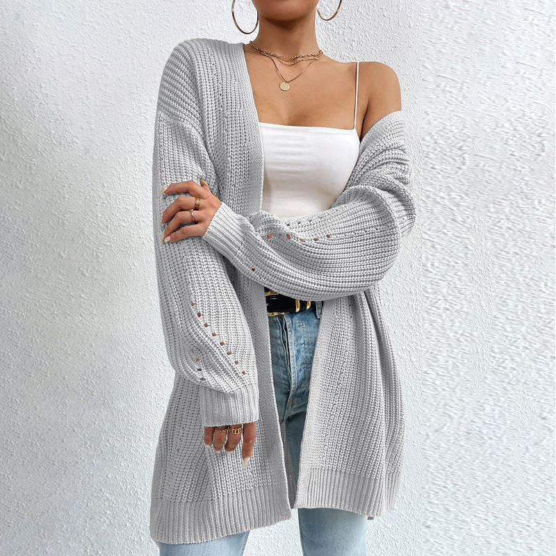 Women's Mid-Length Knit Cardigan Lightweight Open Front Long Sleeve Solid Color