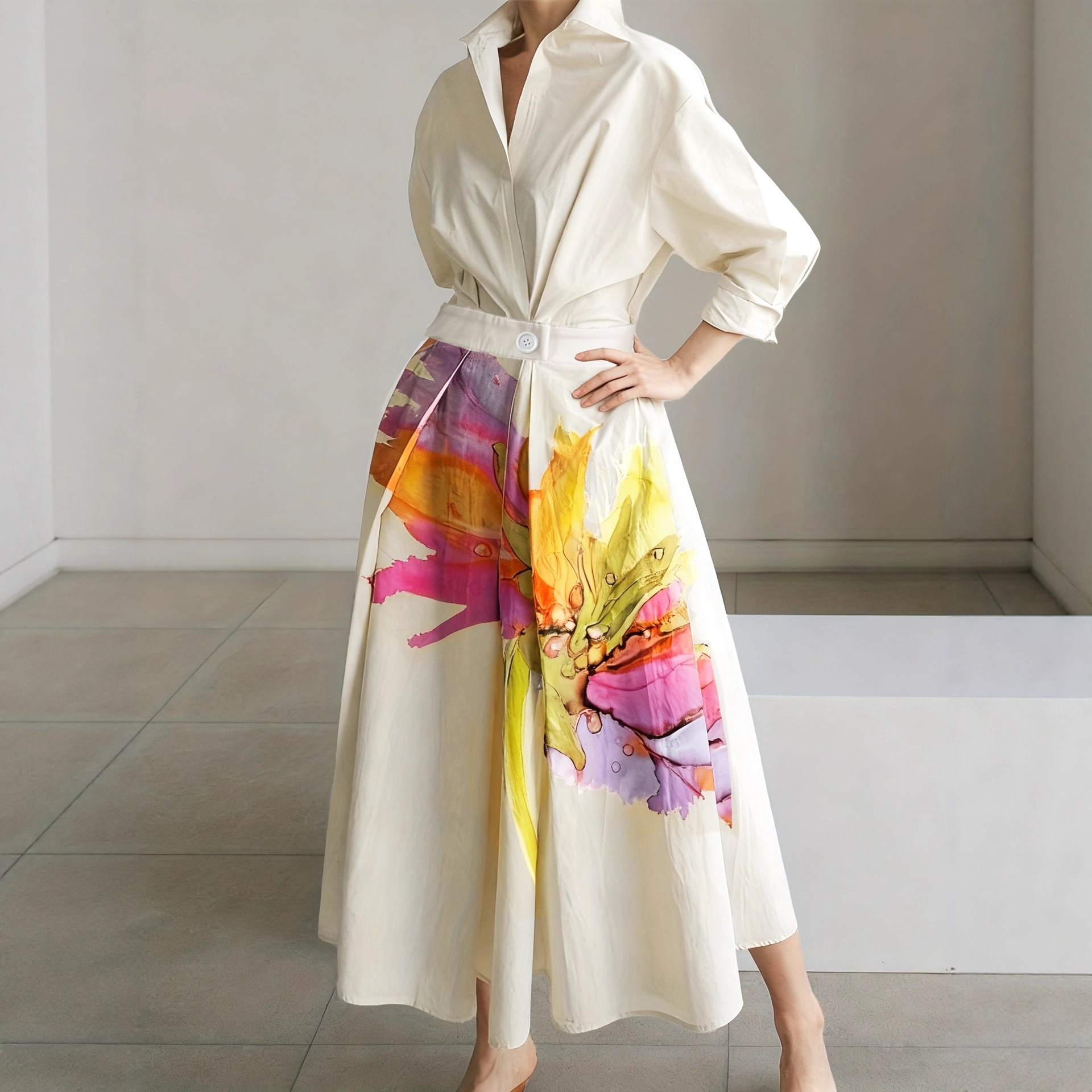 Printed Long Sleeve A-Line Midi Dress with Polo Collar