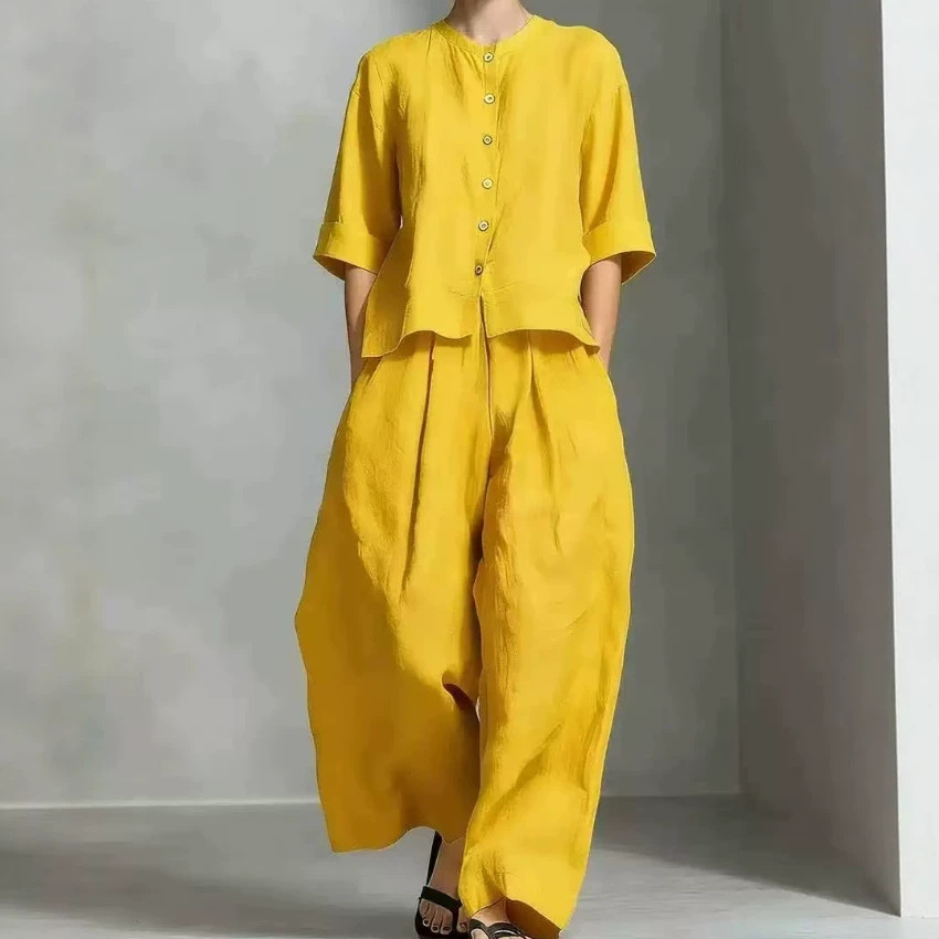 Women's Casual Solid Cotton-Linen Shirt and Loose Pants Two-Piece Set