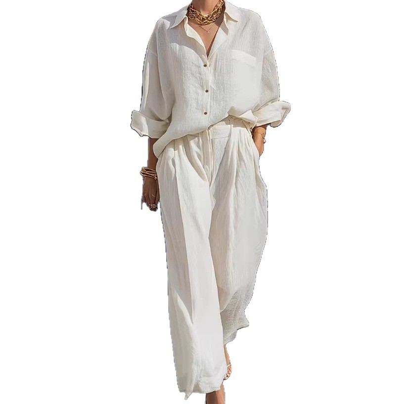 Women's Casual Lapel Long Sleeve Shirt and Pants Set Minimalist Commuter