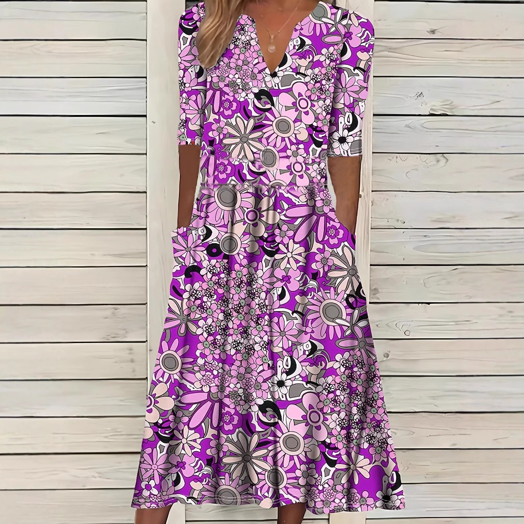 Vintage Daisy Floral Midi Dress Deep V-Neck Three-Quarter Sleeve Loose Fit