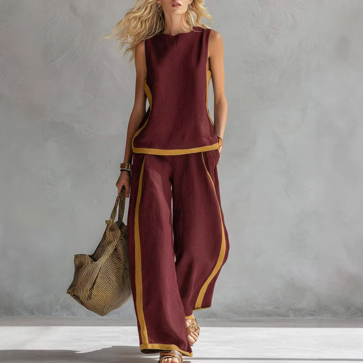 Women's Color-Block Sleeveless Vest & Wide-Leg Pants Set