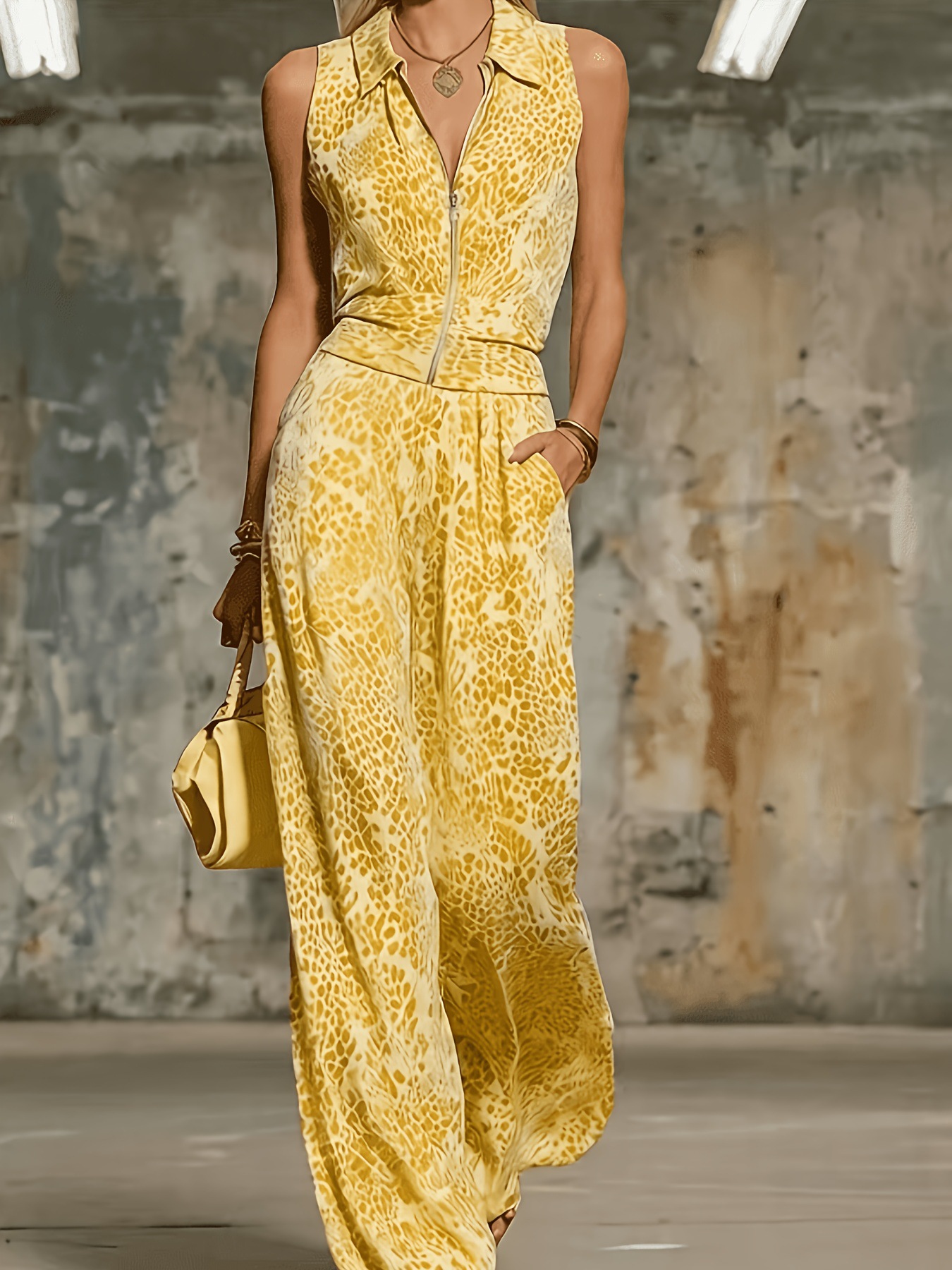 Retro Elegant Leopard Print Lapel Sleeveless Chiffon Top and Wide-Leg Pants Set