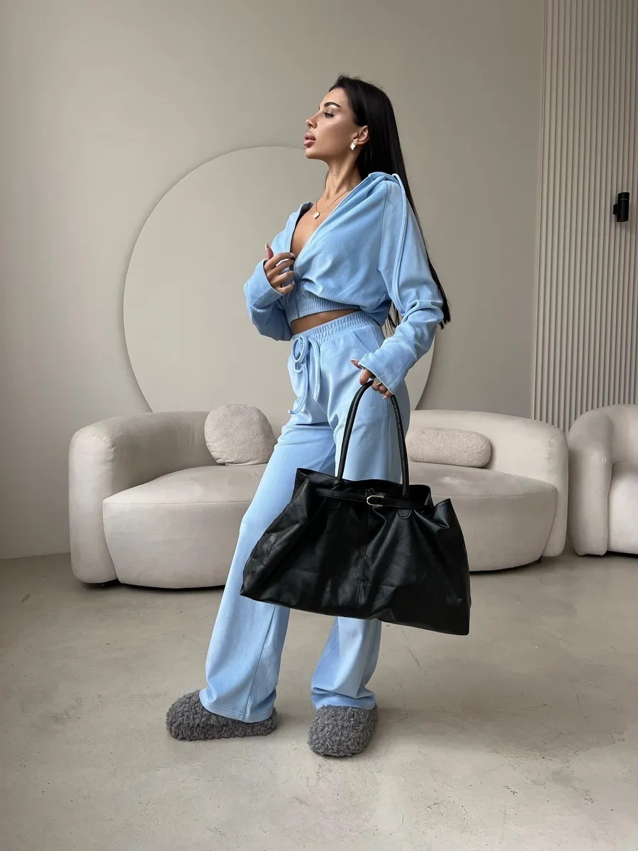 Women's Velvet Hooded Zip-Up Jacket & Drawstring Wide-Leg Pants Set
