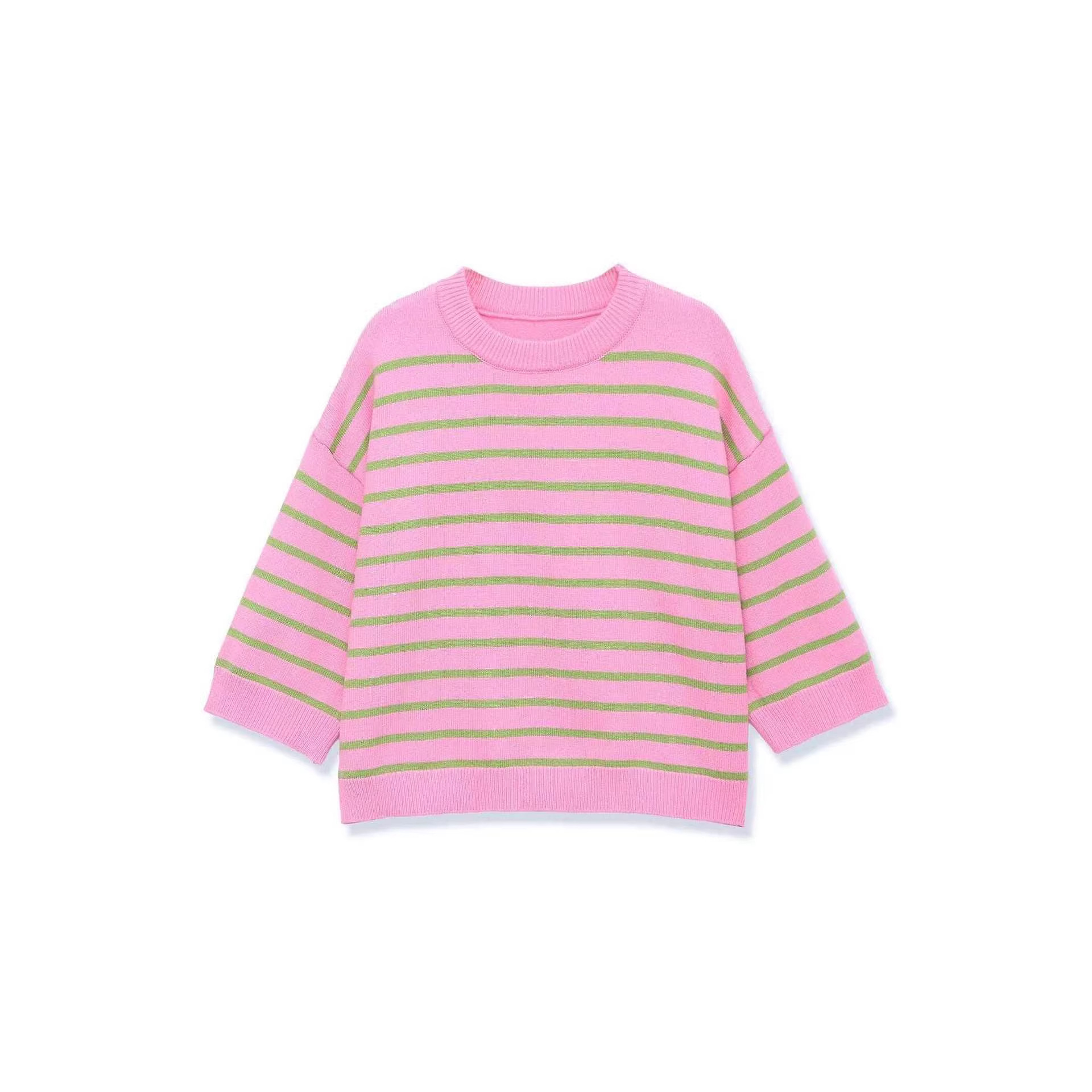 Women's Striped Knit Top Crew Neck 3/4 Sleeve Minimalist