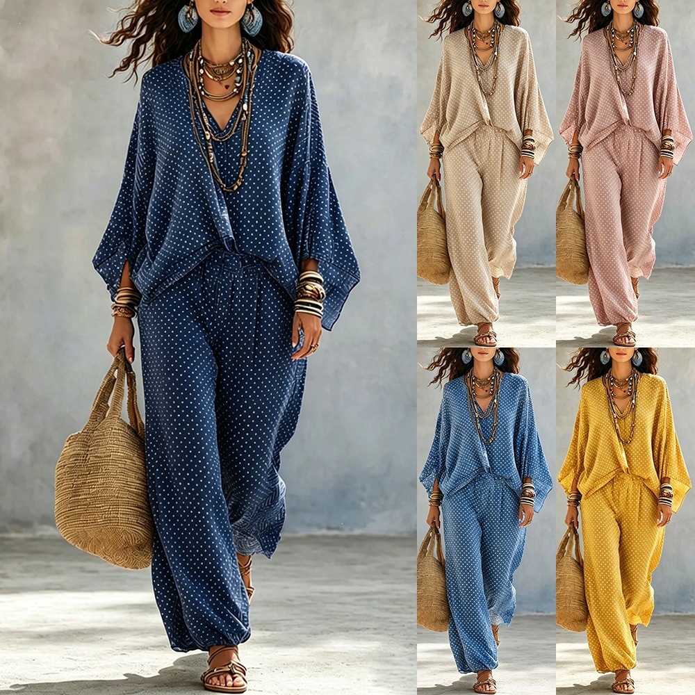 Women's Vintage Print Batwing Sleeve Top and Jogger Pants Set