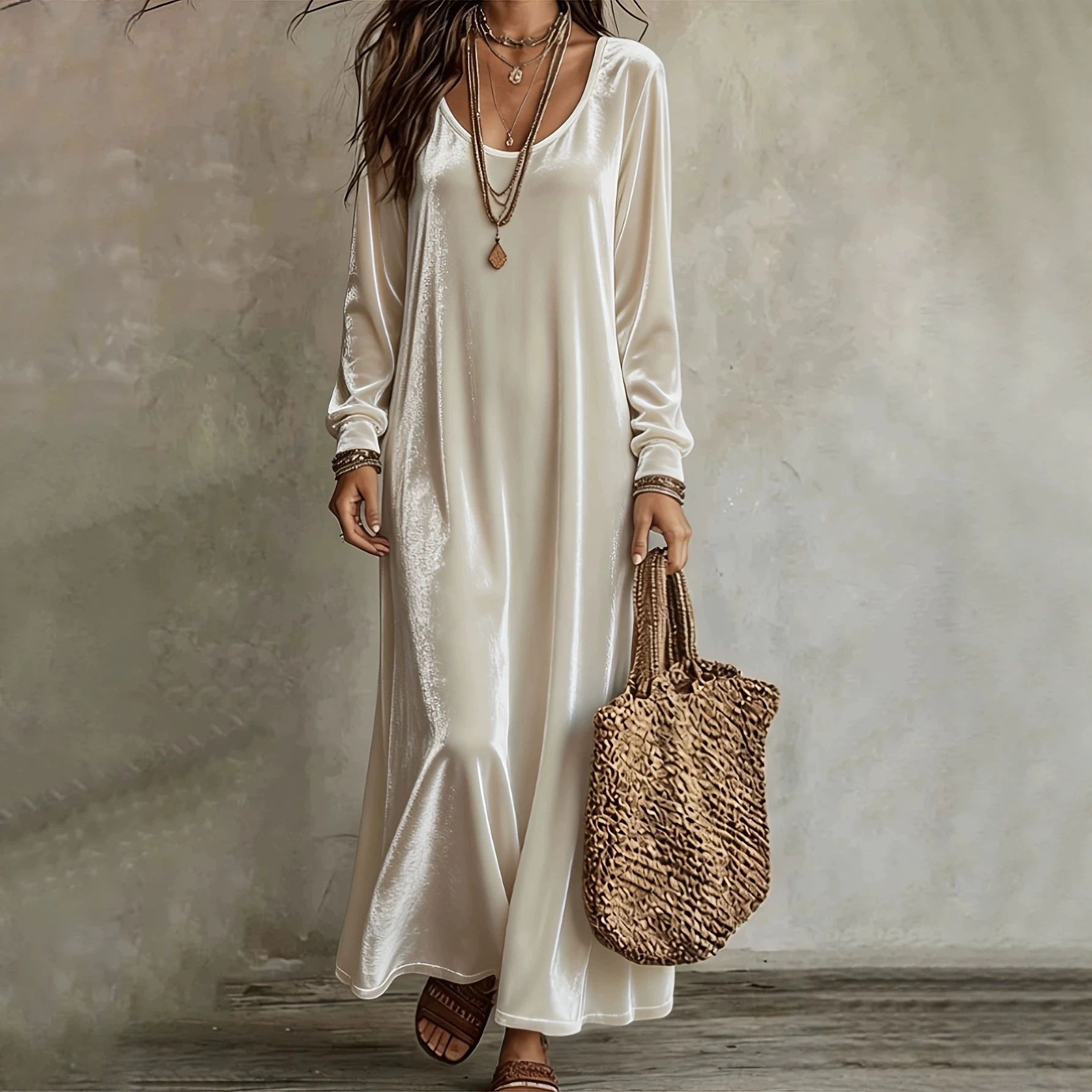 Solid Crewneck Long Sleeve Loose Casual A-Line Maxi Dress