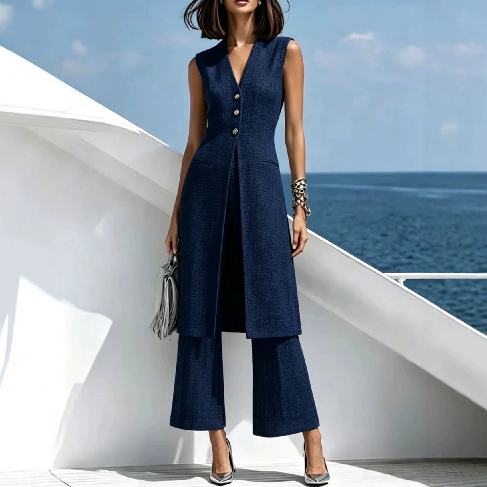 Elegant Gray Long Vest and Pants Two-Piece Suit Set