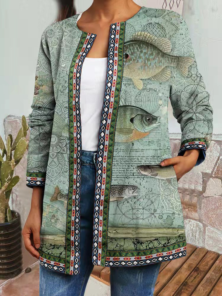 Vintage Ethnic Print Long Sleeve Open-Front Jacket Cardigan for Women