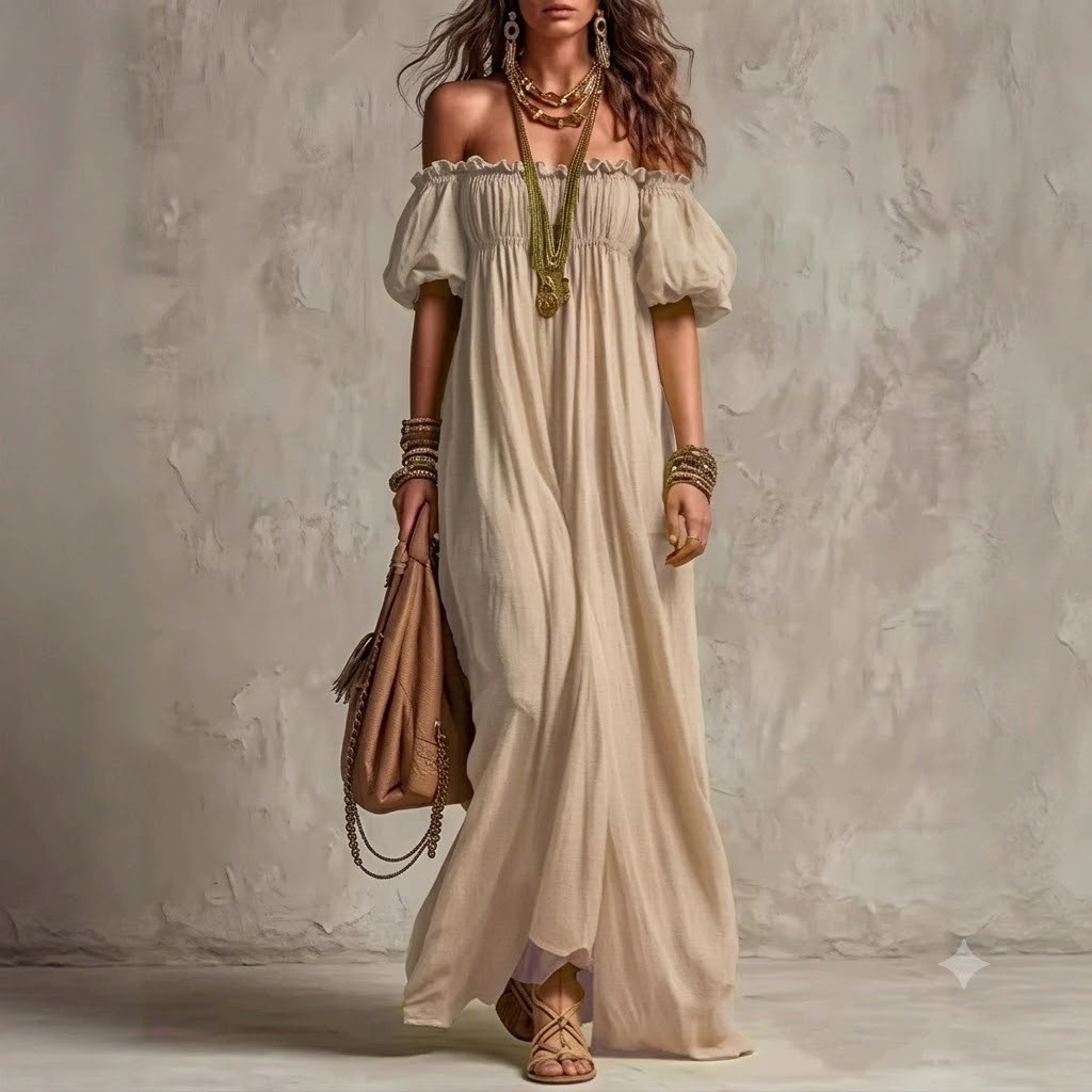 Off-Shoulder Puff Sleeve Long Dress Casual Loose Beach Vacation