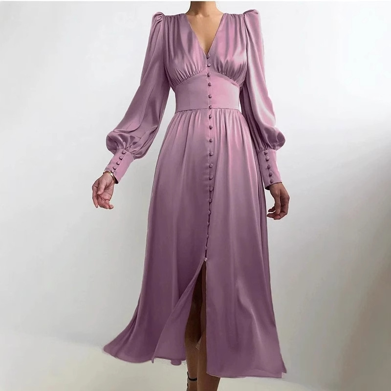 Satin Lantern-Sleeve High-Waist Slimming Long Dress