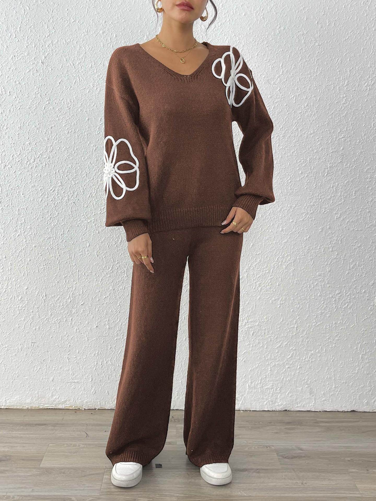Women's Floral Embroidered V-Neck Sweater and Straight Pants Two-Piece Set