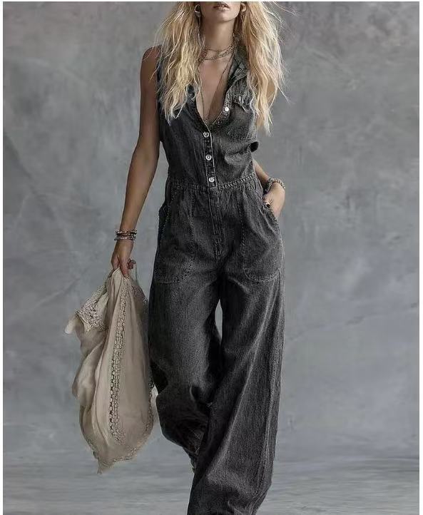Washed Denim Sleeveless Straight-Leg Jumpsuit with Pockets