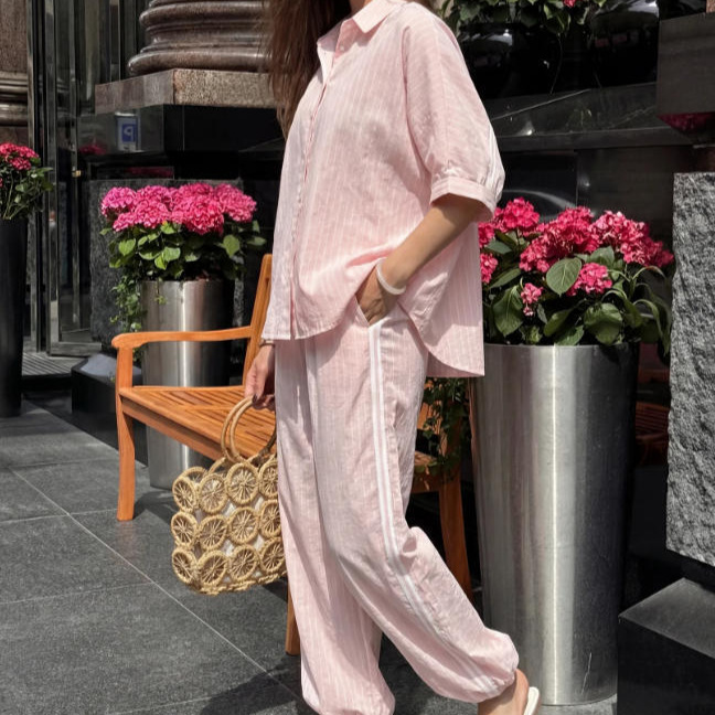 Relaxed Pink Striped Short-Sleeve Shirt and Pants Two-Piece Set
