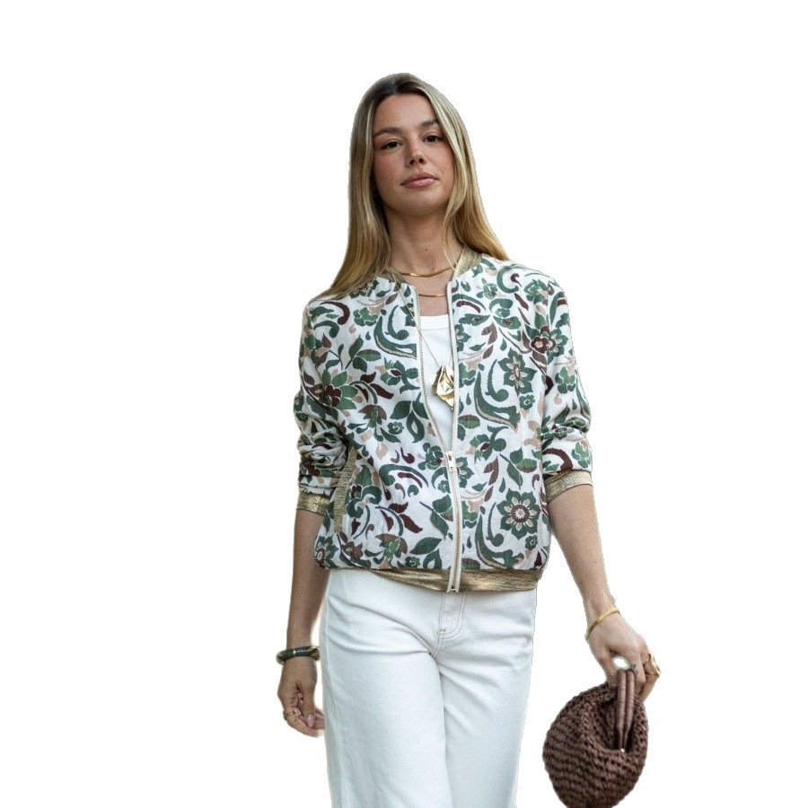Retro Green Floral Print Zip-Up Bomber Jacket Women's Lightweight Relaxed Fit