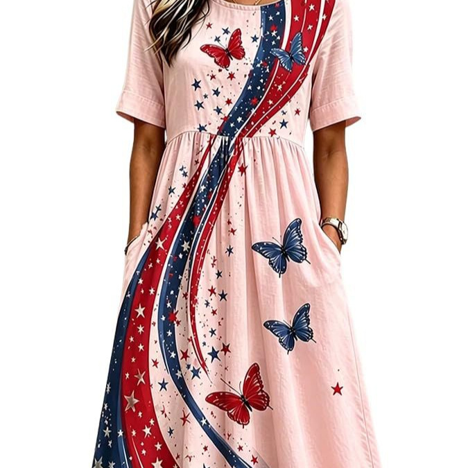 Women's Floral Butterfly Print Pleated Midi Dress