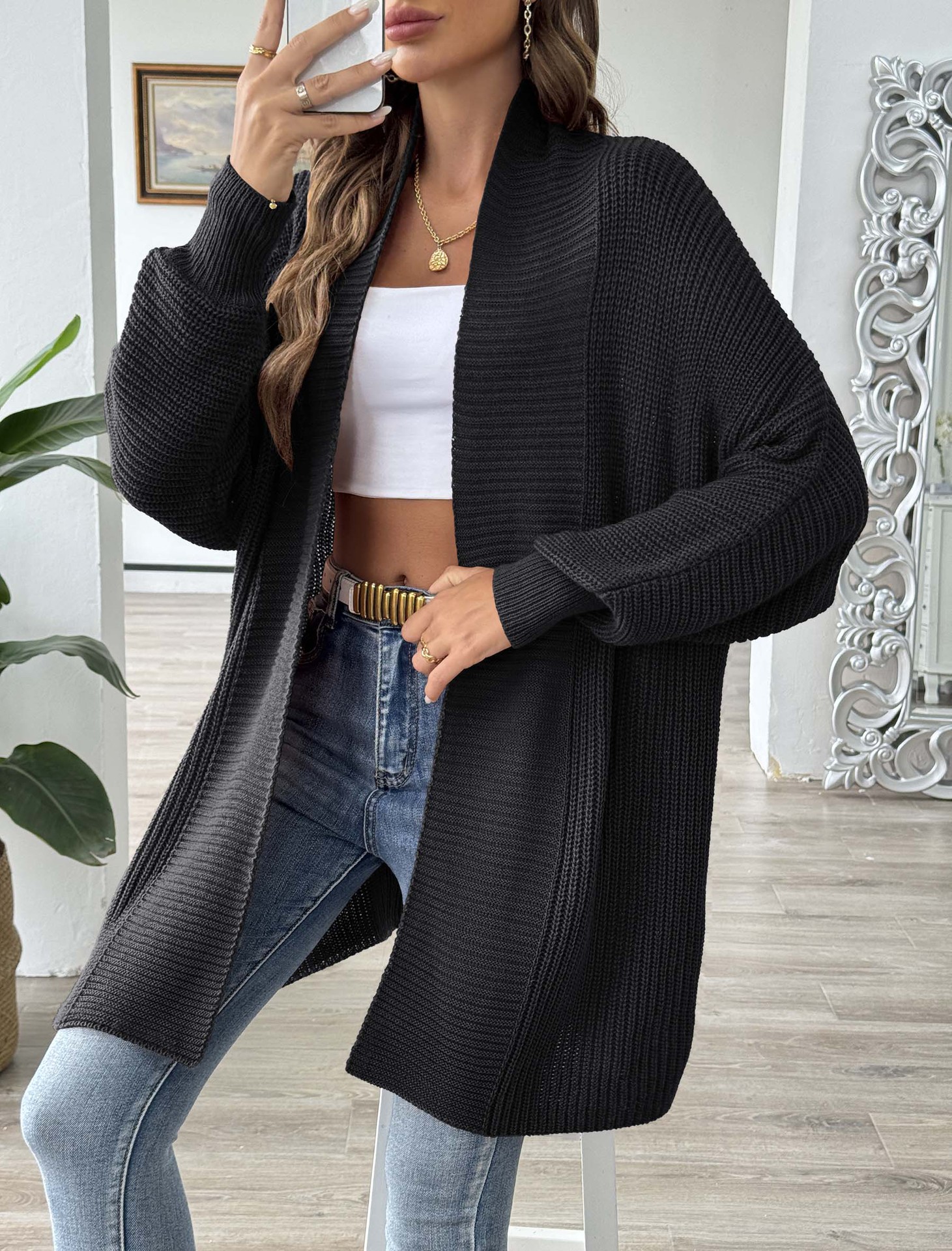 Women's Loose Knit Cardigan Sweater V-Neck Batwing Sleeve Solid