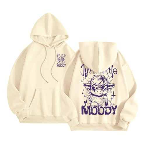 Women's Moody Letter Print Hoodie with Bull Head Sunglasses Graphic