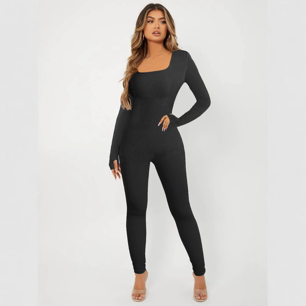 Women's Solid Color Long Sleeve Square Neck Bodysuit Jumpsuit with Butt Lifting