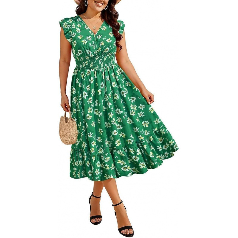 Women's Plus Size V-Neck Boho Floral Midi Dress
