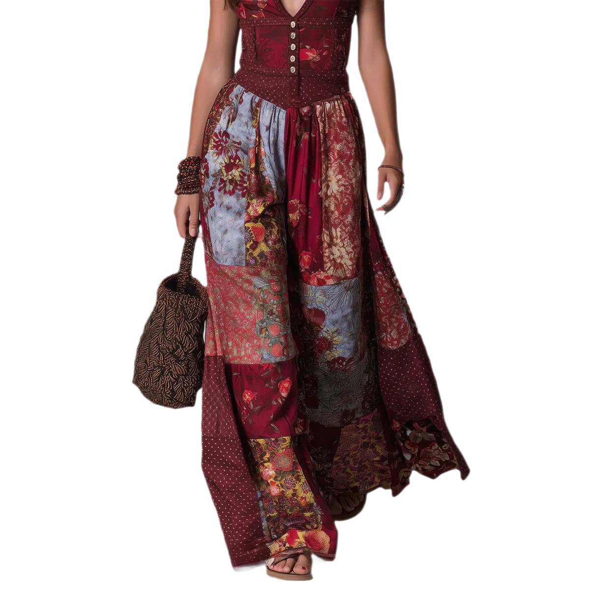 V-Neck Waist-Cinching Ruffle Floral Midi Dress
