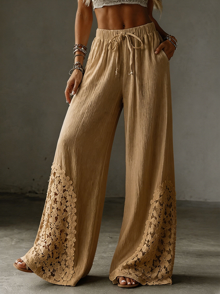 Women's Solid Lace Pocket Drawstring Wide-Leg Pants
