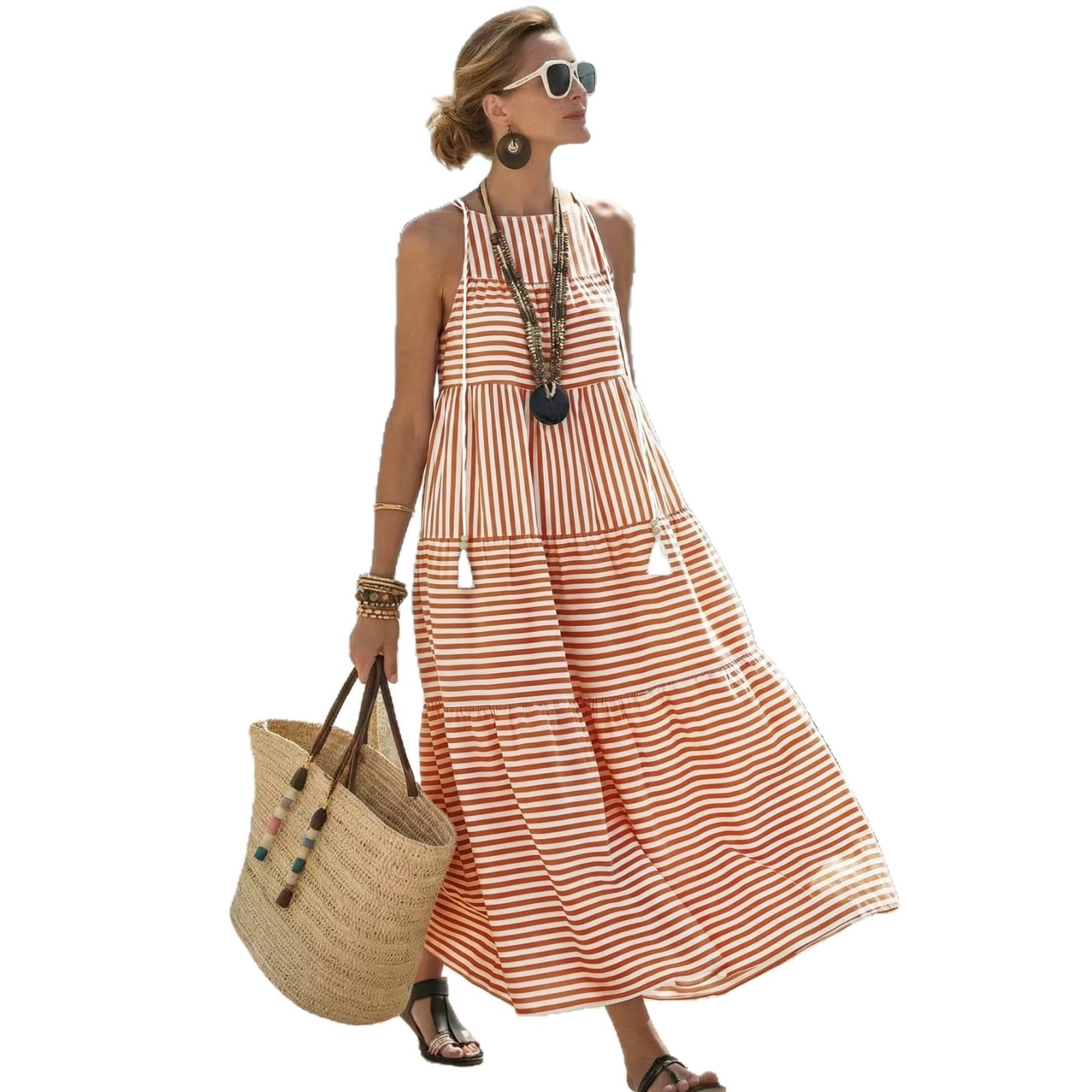 Women's Striped Fringe Tiered Cami Maxi Dress Beach Vacation