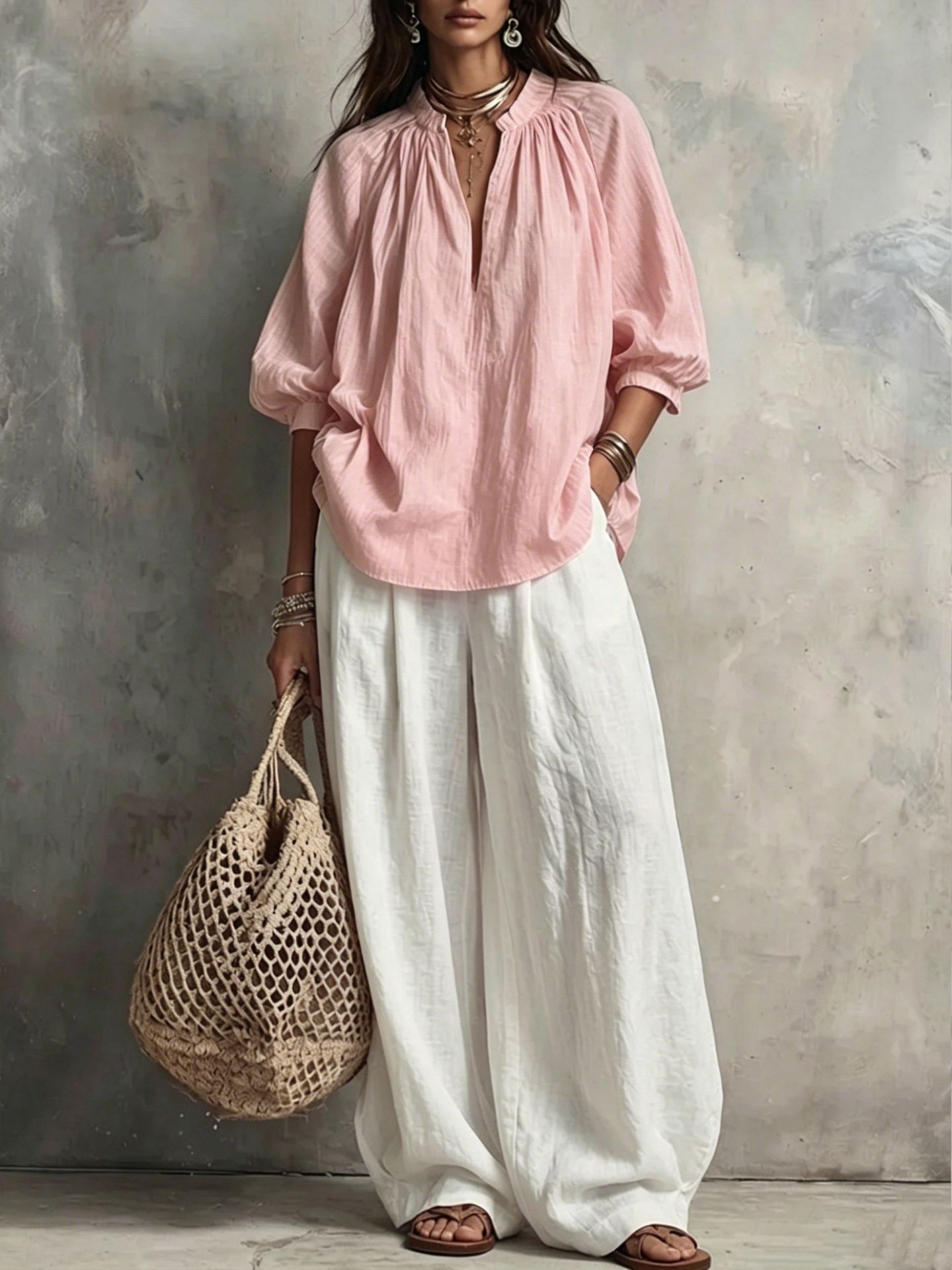 Boho V-Neck 3/4 Sleeve Shirt & Wide-Leg Pants Set