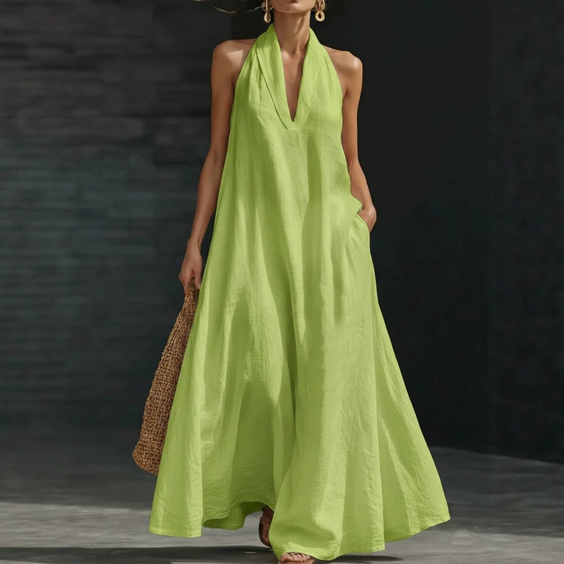 Women's Casual Solid V-Neck Long Dress
