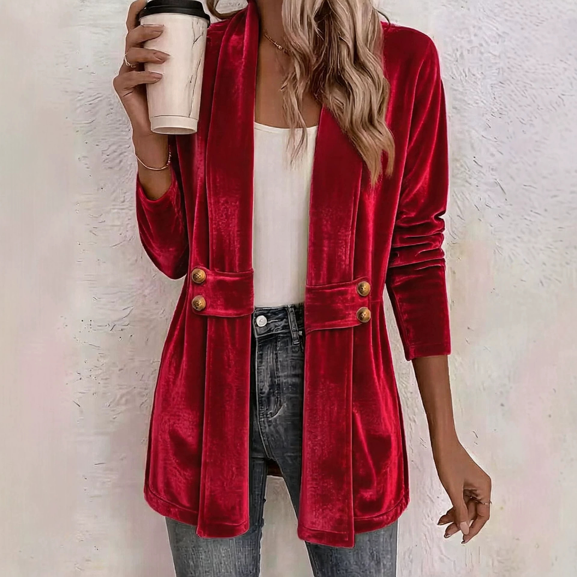 Women's Double-Breasted Gold Velvet Cardigan Lazy Style Mid-Length Top