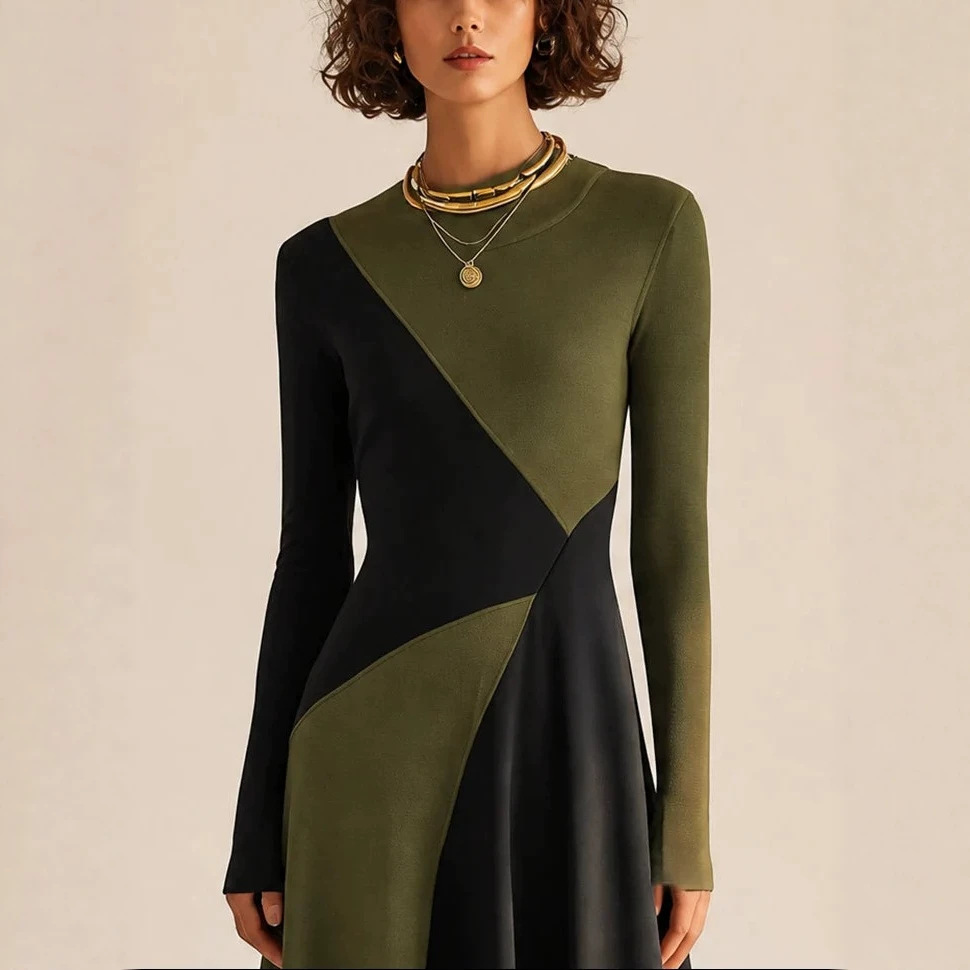 Black and Green Colorblock Long Sleeve Stand Collar Waist-Cinched Maxi Dress