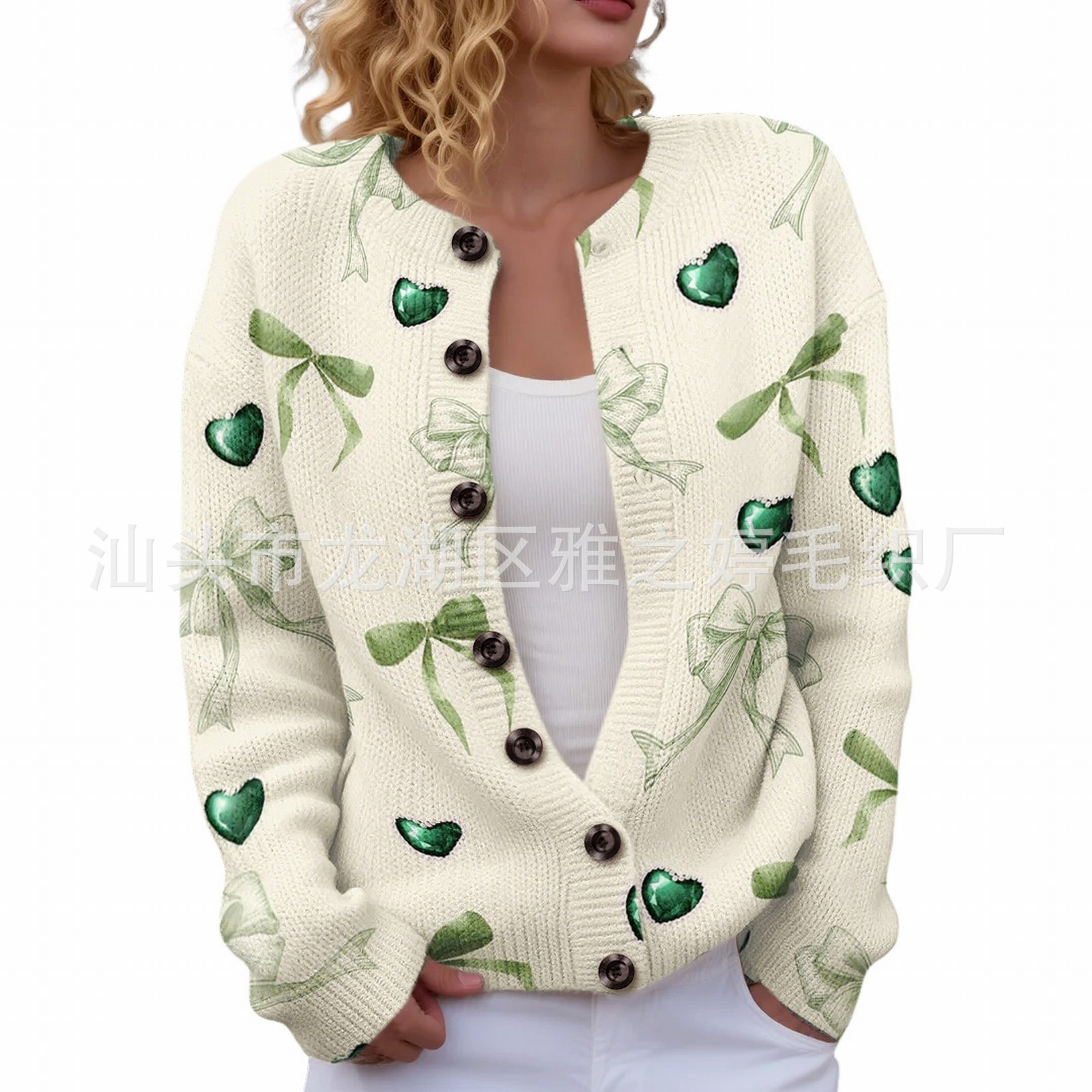 Women's Four-Leaf Clover Print Button Cardigan Sweater