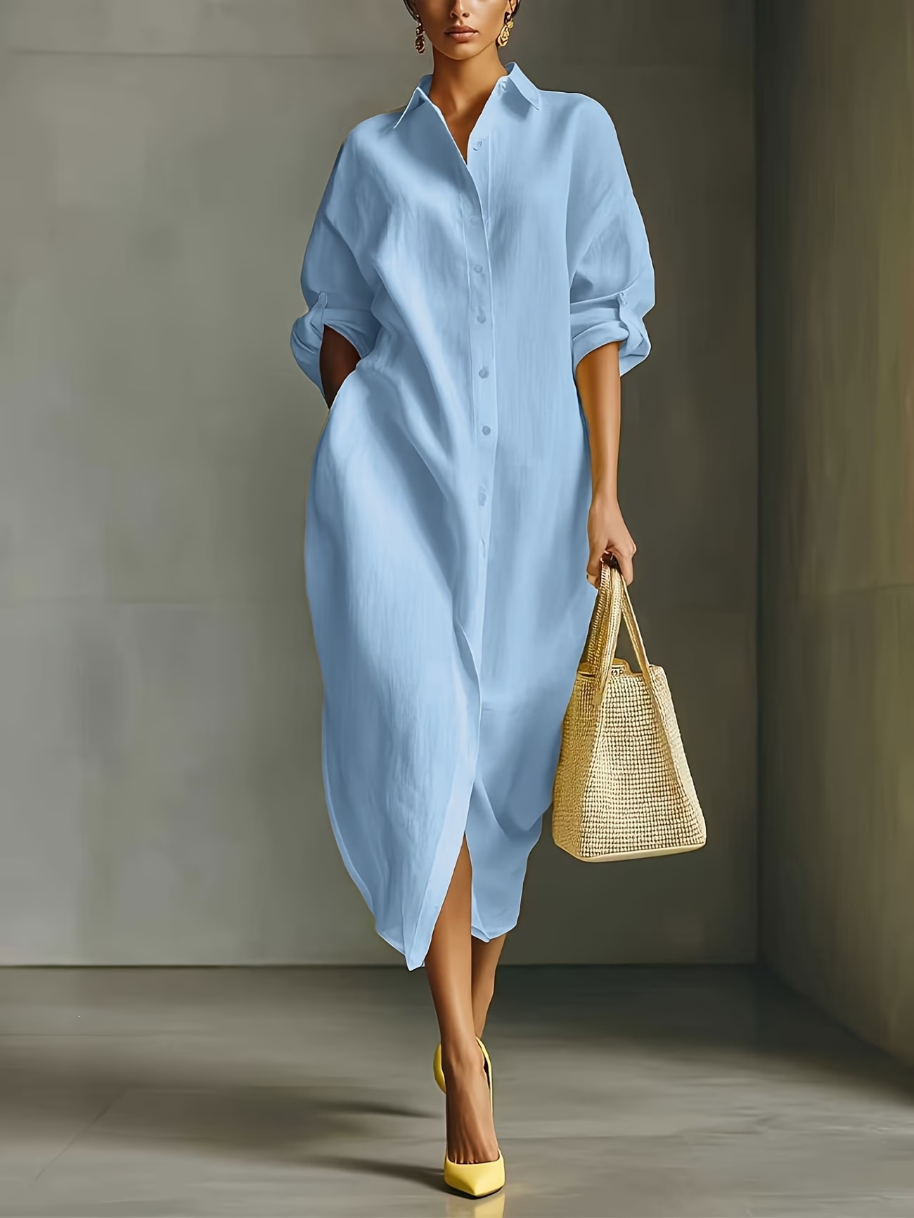 Relaxed Cotton-Linen Shirt Dress Long Sleeve Collared Midi Split