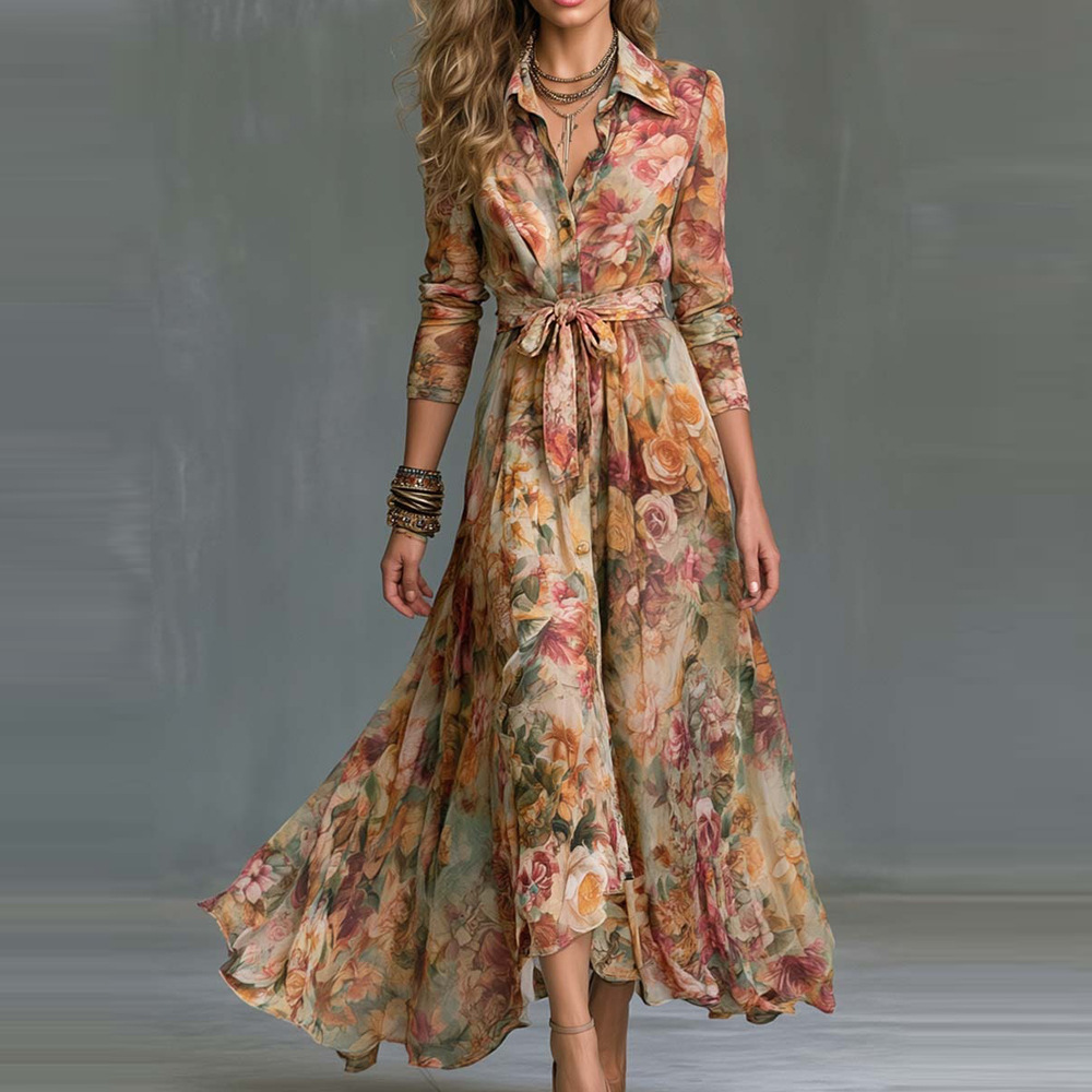 Floral Print Long Sleeve A-Line Maxi Dress with Polo Collar and Tie Waist