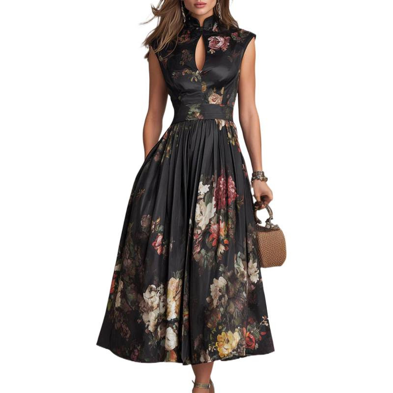 Women's Sleeveless Black Floral Print Maxi Dress with 3D Flowers Slim Fit