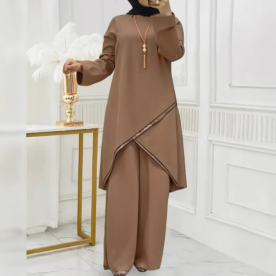 Women's Solid Crewneck Long Sleeve Top and Pants Two-Piece Set with Four-Way Stretch Cotton