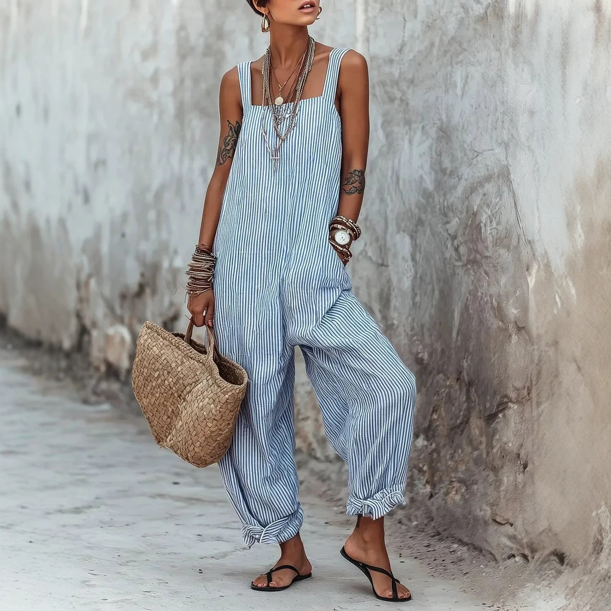 Women's Sleeveless Striped Print Loose Casual Jumpsuit