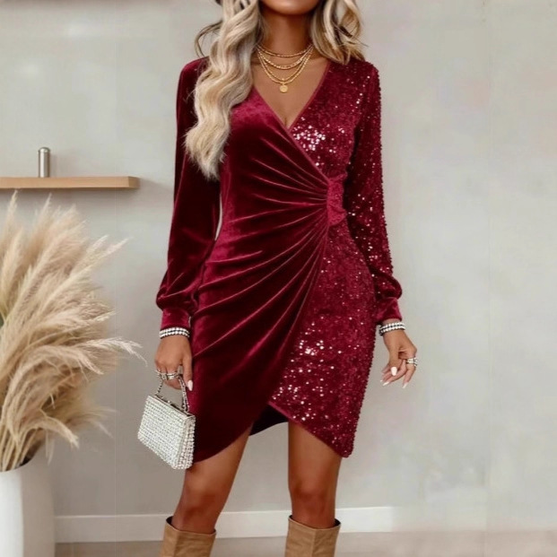 V-Neck Sequin Velvet Bodycon Dress