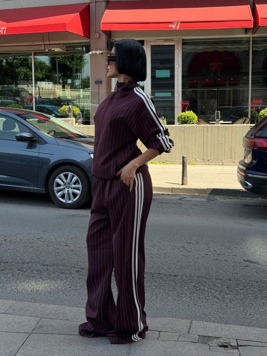 Women's Striped Three-Stripe Track Set with Zip-Up Stand Collar Jacket and High-Waist Wide-Leg Pants