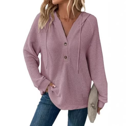 Women's Waffle Knit Drawstring Button V-Neck Hooded Sweatshirt