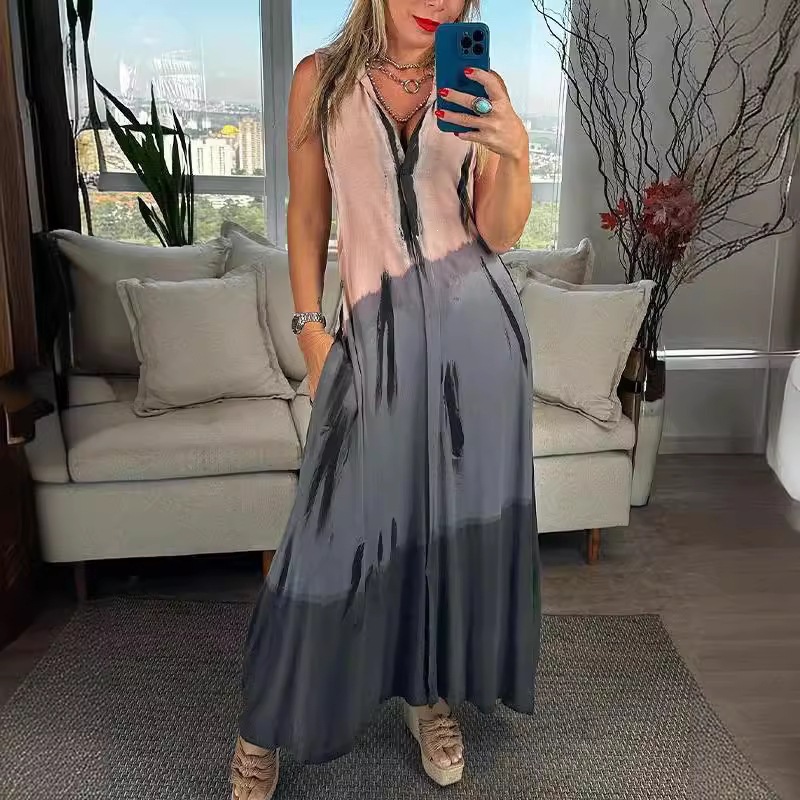 V-Neck Printed A-Line Maxi Dress Sleeveless Casual
