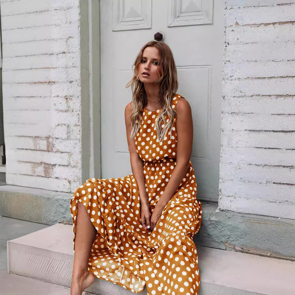 Polka Dot Print Round Neck Long Dress