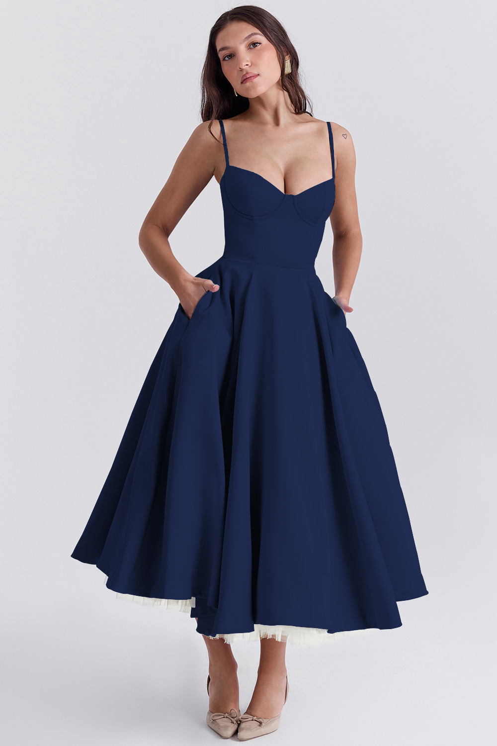 Women's French Style Tulle Double-Layer Cami Maxi Dress with Full Skirt