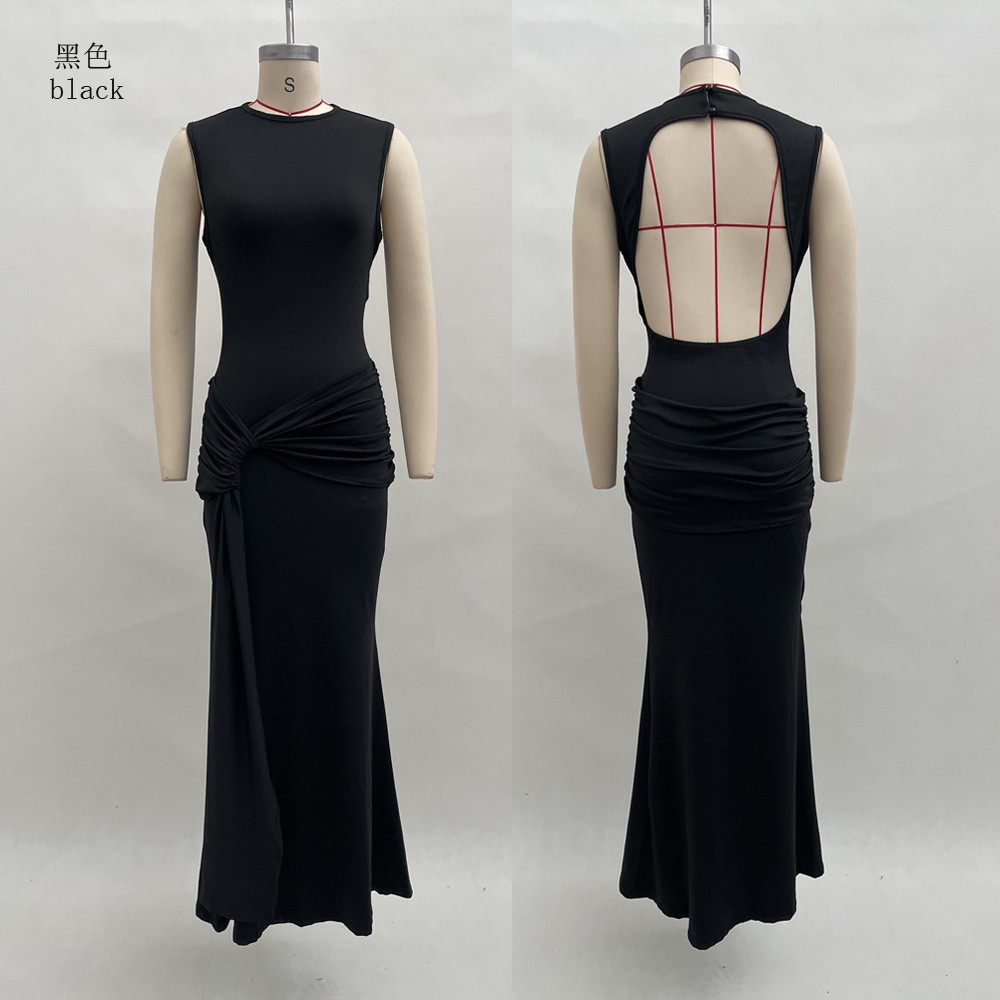 Sleeveless Round Neck Open Back Bodycon Pleated Maxi Dress