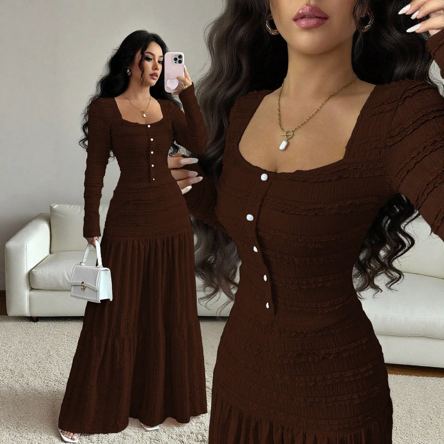 Women's Solid Lace Square Neck Button-Front Long Sleeve Long Dress