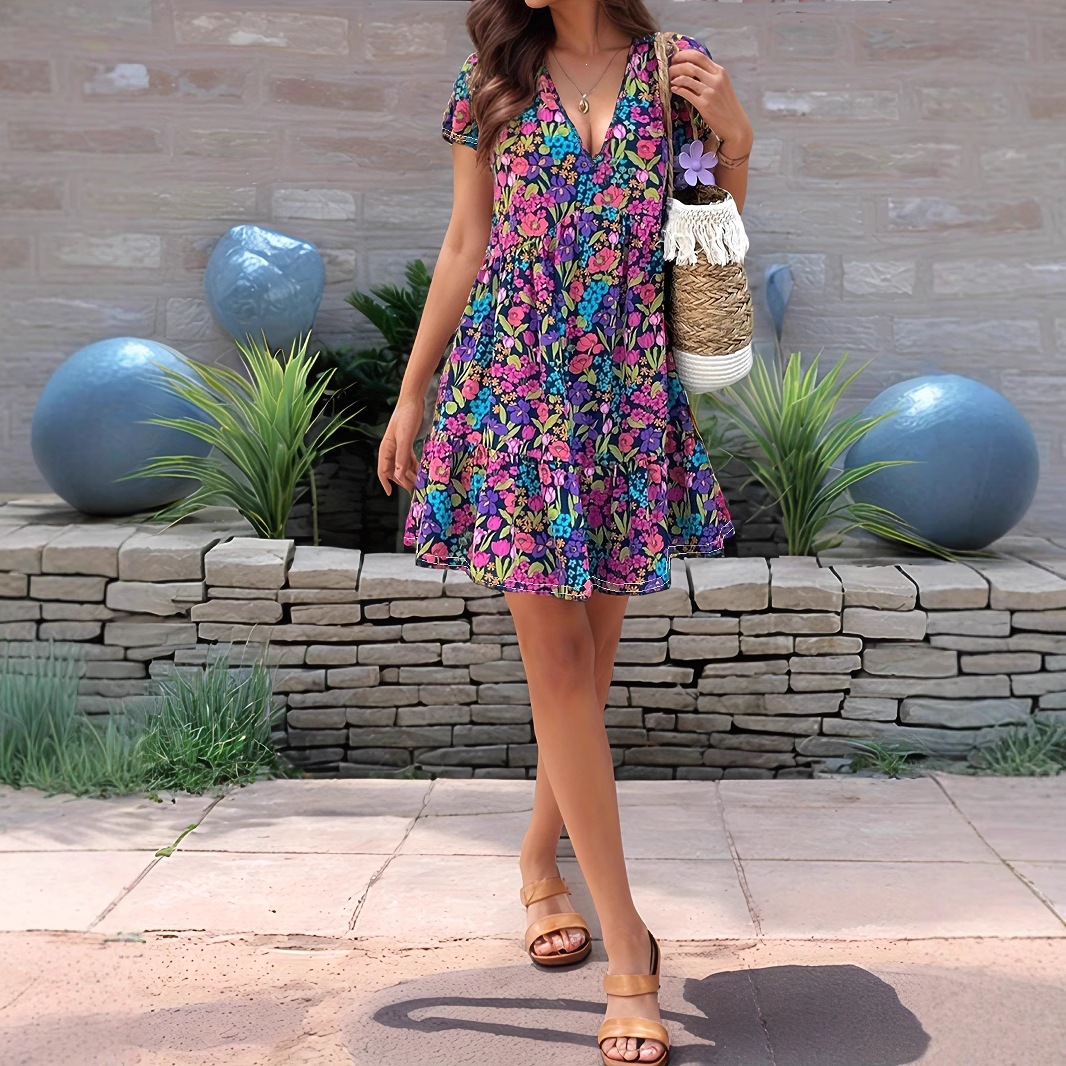 Colorful Floral V-Neck Mini Dress with Flutter Sleeves and Fit-and-Flare Skirt