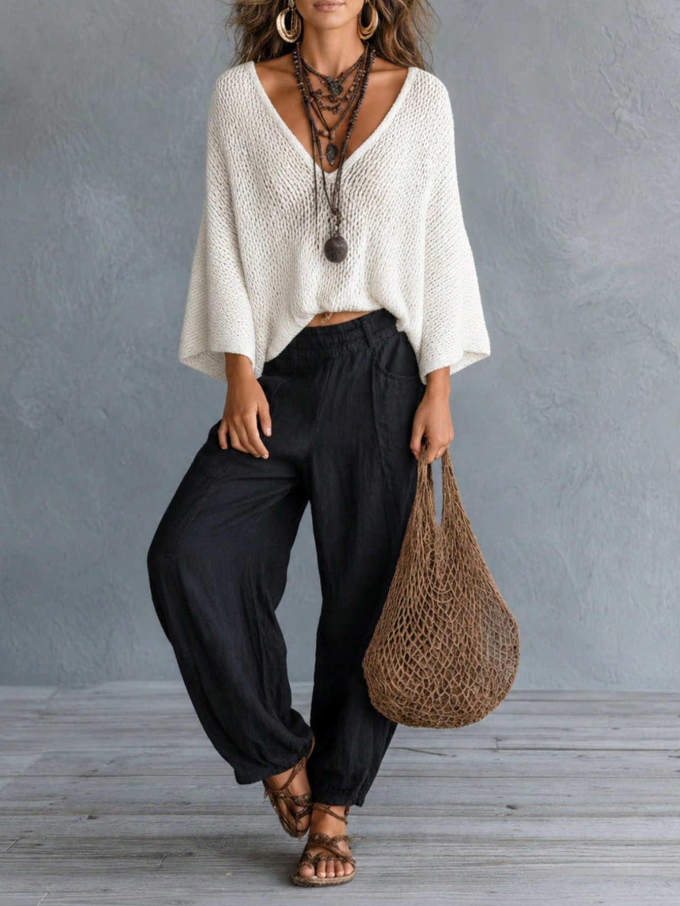 Women's Retro Open-Knit V-Neck Dolman Sleeve Pullover Sweater
