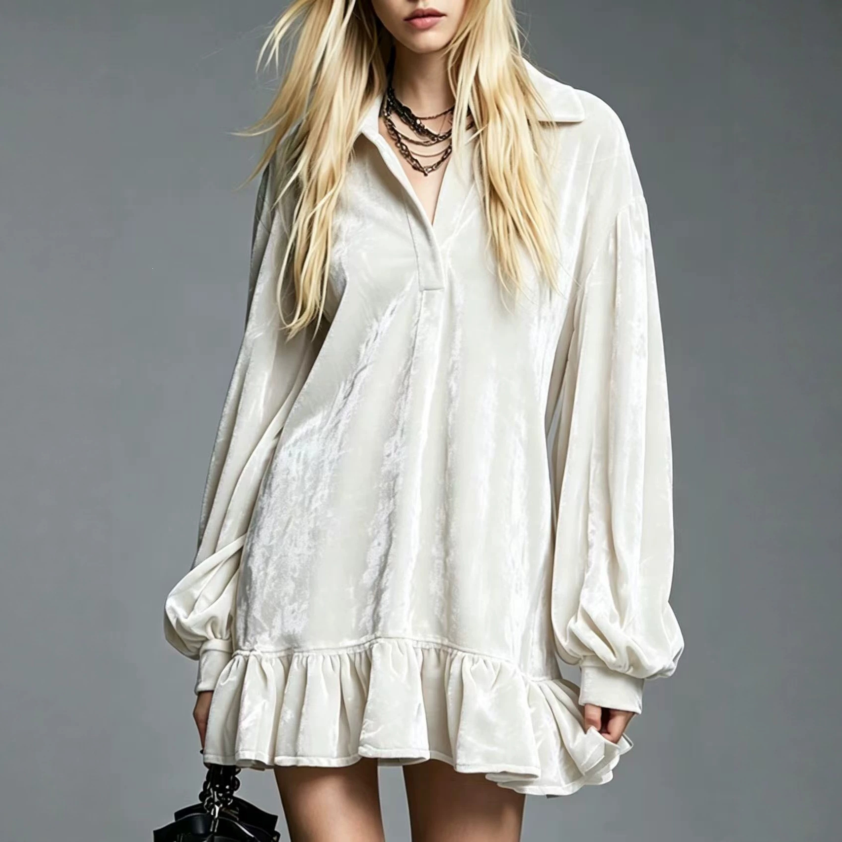 Solid Color French Style Lantern Sleeve Ruffle Collared Shirt Dress