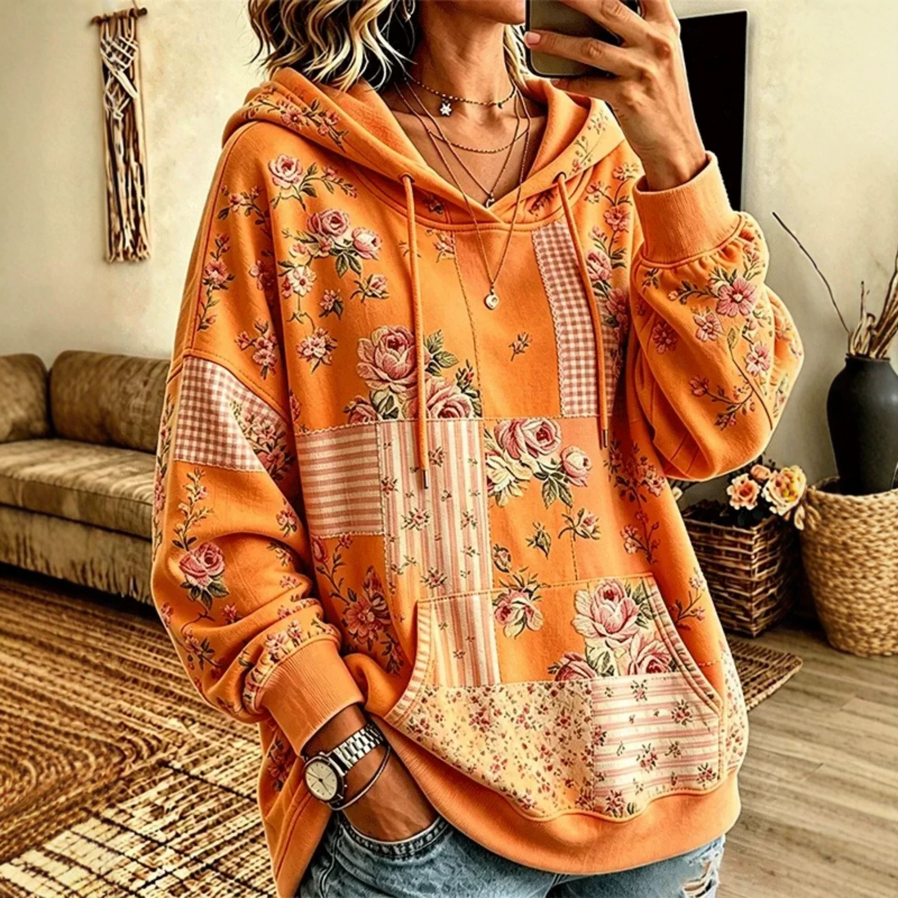 Retro Floral Plaid 3D Print Hoodie Loose Casual Top